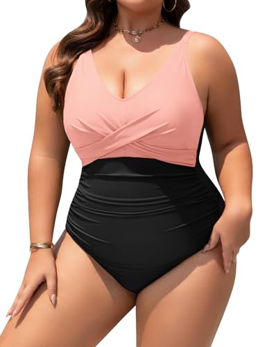 UMIPUBO Badeanzug Damen Große Größe Bauchweg Push Up V Ausschnitt Einteiliger Bademode Rüschen Badebekleidung One Piece Swimsuit mit Bügel Swimwear(Rosa,3XL) von UMIPUBO