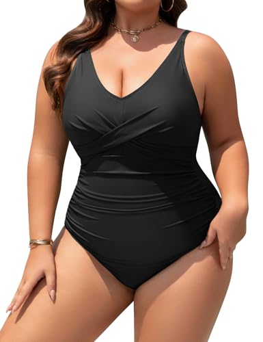 UMIPUBO Badeanzug Damen Große Größe Bauchweg Push Up V Ausschnitt Einteiliger Bademode Rüschen Badebekleidung One Piece Swimsuit mit Bügel Swimwear(Schwarz,L) von UMIPUBO