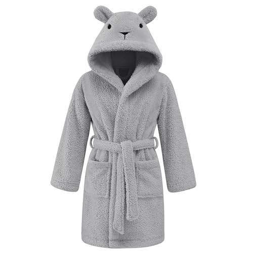 UMIPUBO Bademantel Kinder für Mädchen Jungen Unisex Flanell Fleece Morgenmantel Robe Flauschig Kapuze Weicher und Saugfähiger Kinderbademantel mit Taschen Gürtel für 3-8 Jahre (Dunkelgrau, 7-8Years) von UMIPUBO