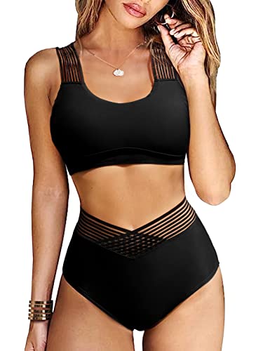 UMIPUBO Bikini Damen Bauchweg High Waist Push Up Bikini Sets Zurück kreuzen Große Brüste Bademode Sexy Badeanzug Strandbikini(Schwarz,S) von UMIPUBO