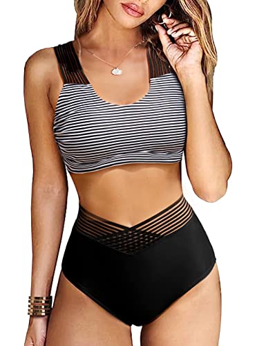 UMIPUBO Bikini Damen Bauchweg High Waist Push Up Bikini Sets Zurück kreuzen Große Brüste Bademode Sexy Badeanzug Strandbikini(Schwarz-A,L) von UMIPUBO