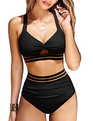 UMIPUBO Bikini Damen Bauchweg, High Waist Push Up Bikini Sets Zurück kreuzen Große Brüste Bademode Sexy Badeanzug Strandbikini(Schwarz-B,L) von UMIPUBO