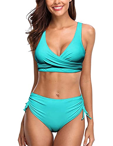 UMIPUBO Bikini Damen High Waist, Cross Back Badeanzüge Push Up Klassischer einfarbiger Badeanzug, Wickel Bikinihose Sportlich Zweiteiliger Strandbikini(Blau,L) von UMIPUBO