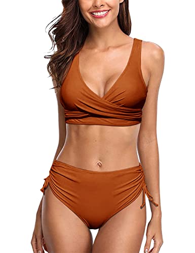 UMIPUBO Bikini Damen High Waist, Cross Back Badeanzüge Push Up Klassischer einfarbiger Badeanzug, Wickel Bikinihose Sportlich Zweiteiliger Strandbikini(Braun,L) von UMIPUBO