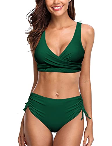 UMIPUBO Bikini Damen High Waist, Cross Back Badeanzüge Push Up Klassischer einfarbiger Badeanzug, Wickel Bikinihose Sportlich Zweiteiliger Strandbikini(Grün,L) von UMIPUBO