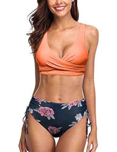 UMIPUBO Bikini Damen High Waist, Cross Back Badeanzüge Push Up Klassischer einfarbiger Badeanzug, Wickel Bikinihose Sportlich Zweiteiliger Strandbikini(Orange,L) von UMIPUBO