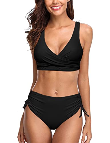 UMIPUBO Bikini Damen High Waist, Cross Back Badeanzüge Push Up Klassischer einfarbiger Badeanzug, Wickel Bikinihose Sportlich Zweiteiliger Strandbikini(Schwarz,M) von UMIPUBO