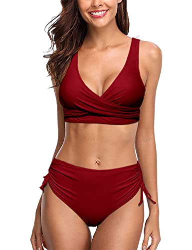 UMIPUBO Bikini Damen High Waist, Cross Back Badeanzüge Push Up Klassischer einfarbiger Badeanzug, Wickel Bikinihose Sportlich Zweiteiliger Strandbikini(Weinrot,M) von UMIPUBO