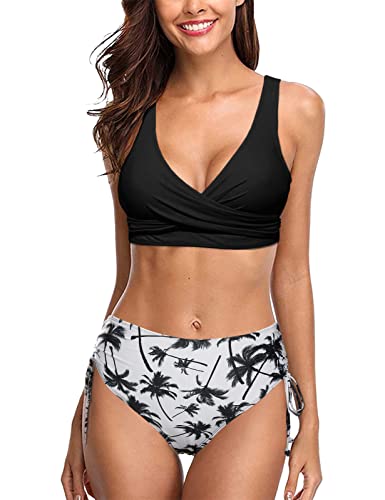 UMIPUBO Bikini Damen High Waist, Cross Back Badeanzüge Push Up Klassischer einfarbiger Badeanzug, Wickel Bikinihose Sportlich Zweiteiliger Strandbikini(Schwarz-A,L) von UMIPUBO