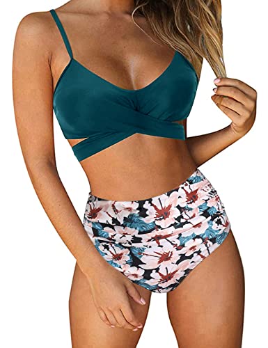 UMIPUBO Bikini Damen High Waist, Push up Badeanzug Verstellbar Crossover Zurück Ties-up Bikini Set Große Brüste Zweiteiliger Strandbikini (Dunkelgrün,L) von UMIPUBO