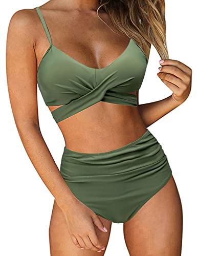 UMIPUBO Bikini Damen High Waist, Push up Badeanzug Verstellbar Crossover Zurück Ties-up Bikini Set Große Brüste Zweiteiliger Strandbikini (Grün,L) von UMIPUBO