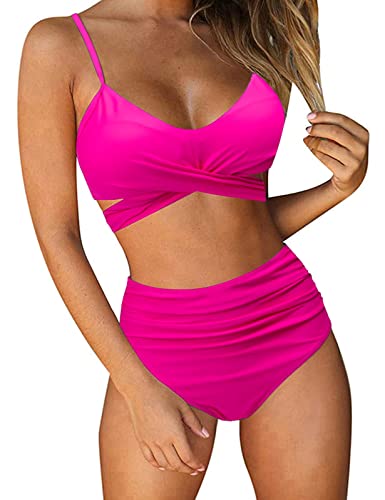 UMIPUBO Bikini Damen High Waist, Push up Badeanzug Verstellbar Crossover Zurück Ties-up Bikini Set Große Brüste Zweiteiliger Strandbikini (Rosenrot,L) von UMIPUBO