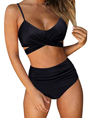 UMIPUBO Bikini Damen High Waist, Push up Badeanzug Verstellbar Crossover Zurück Ties-up Bikini Set Große Brüste Zweiteiliger Strandbikini (Schwarz,L) von UMIPUBO