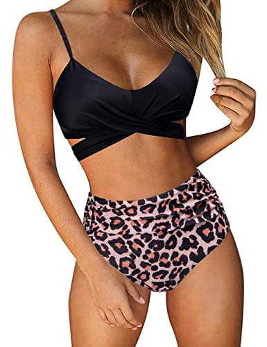 UMIPUBO Bikini Damen High Waist, Push up Badeanzug Verstellbar Crossover Zurück Ties-up Bikini Set Große Brüste Zweiteiliger Strandbikini (Schwarz-A,M) von UMIPUBO