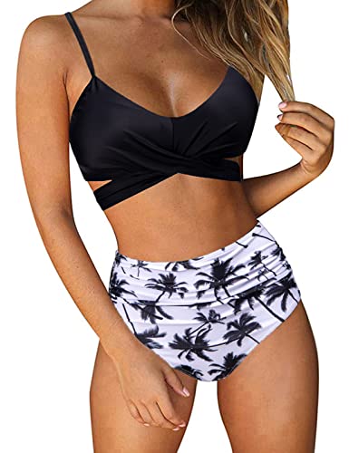 UMIPUBO Bikini Damen High Waist, Push up Badeanzug Verstellbar Crossover Zurück Ties-up Bikini Set Große Brüste Zweiteiliger Strandbikini (Schwarz-B,XL) von UMIPUBO