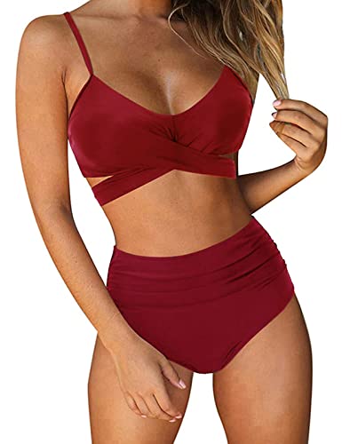 UMIPUBO Bikini Damen High Waist, Push up Badeanzug Verstellbar Crossover Zurück Ties-up Bikini Set Große Brüste Zweiteiliger Strandbikini (Weinrot,M) von UMIPUBO