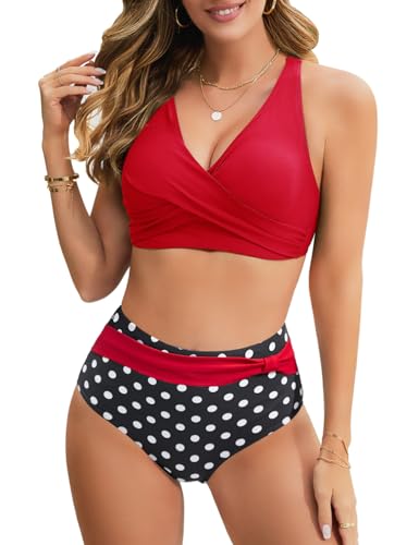 UMIPUBO Bikini Damen Set Bauchweg Große Brüste High Waist Push Up Bikinis Gekreuztem V Ausschnitt Sexy Bademode Bauchkontrolle Swimsuit Strandbikini(Rot,L) von UMIPUBO