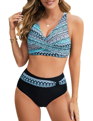 UMIPUBO Bikini Damen Set Bauchweg Große Brüste High Waist Push Up Bikinis Gekreuztem V Ausschnitt Sexy Bademode Bauchkontrolle Swimsuit Strandbikini(Schwarz-A,L) von UMIPUBO