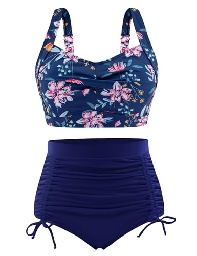 UMIPUBO Bikini Damen Set Bauchweg High Waist Bademode Push Up Bikinis Kordelzug Side Zweiteiler Badeanzug V Ausschnitt Swimsuit(Blau,M) von UMIPUBO