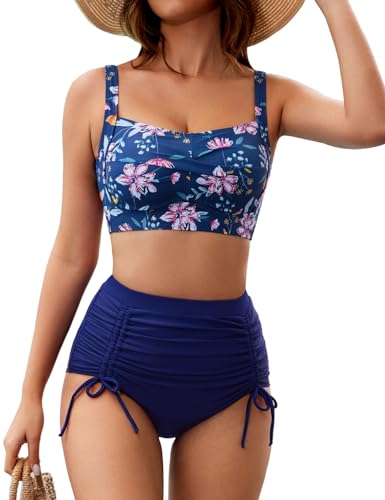 UMIPUBO Bikini Damen Set Bauchweg High Waist Bademode Push Up Bikinis Kordelzug Side Zweiteiler Badeanzug V Ausschnitt Swimsuit(Blau,S) von UMIPUBO