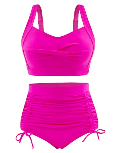 UMIPUBO Bikini Damen Set Bauchweg High Waist Bademode Push Up Bikinis Kordelzug Side Zweiteiler Badeanzug V Ausschnitt Swimsuit(Rosa,L) von UMIPUBO