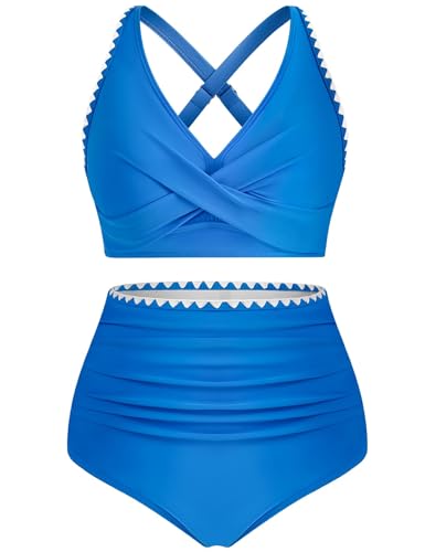 UMIPUBO Bikini Damen Set Push Up Hoher Taille Bauchweg V-Ausschnitt Große Größen Zweiteiler Bademode Colour Blocking Badebekleidung Badeanzüge Swimsuit(Blau,XL) von UMIPUBO