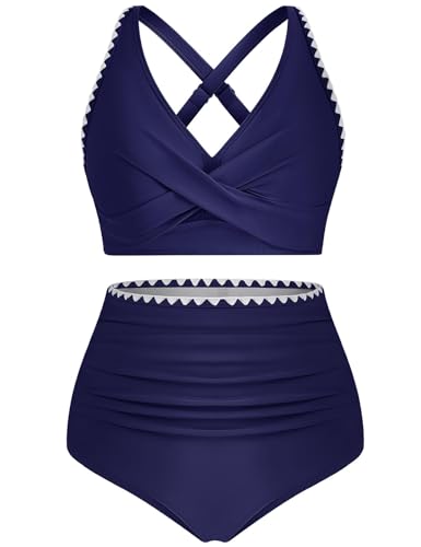 UMIPUBO Bikini Damen Set Push Up Hoher Taille Bauchweg V-Ausschnitt Große Größen Zweiteiler Bademode Colour Blocking Badebekleidung Badeanzüge Swimsuit(Marineblau,S) von UMIPUBO