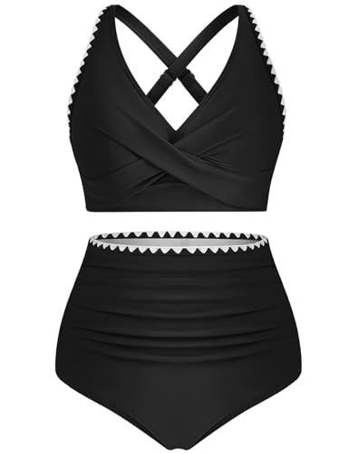 UMIPUBO Bikini Damen Set Push Up Hoher Taille Bauchweg V-Ausschnitt Große Größen Zweiteiler Bademode Colour Blocking Badebekleidung Badeanzüge Swimsuit(Schwarz,M) von UMIPUBO
