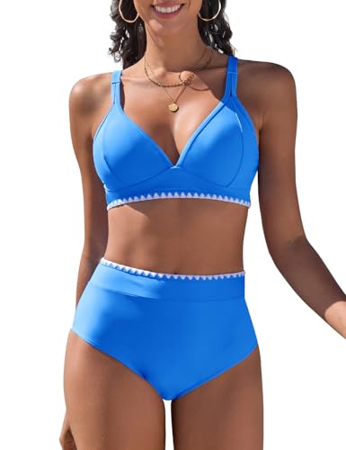 UMIPUBO Bikini Damen Set High Waist Bauchweg Push Up Zweiteiler V-Ausschnitt Bademode Hoher Taille Colour Blocking Mit Muschelkante Badebekleidung(Blau,XL) von UMIPUBO