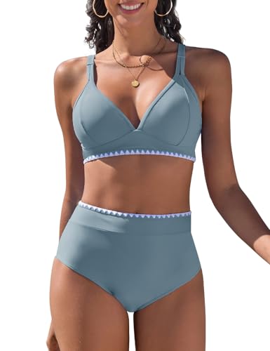 UMIPUBO Bikini Damen Set Push Up Zweiteiler Bauchweg V-Ausschnitt Große Größe Bademode Hoher Taille Colour Blocking Mit Muschelkante Badebekleidung(Grau Blau,L) von UMIPUBO