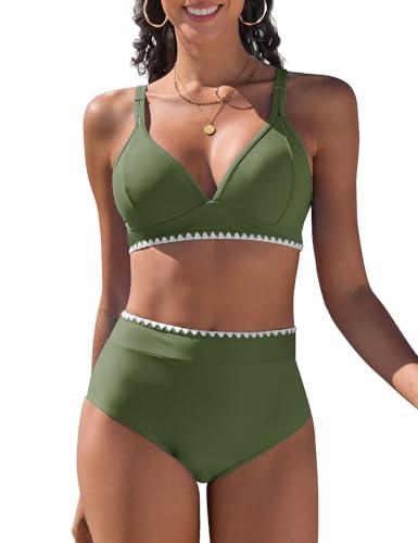 UMIPUBO Bikini Damen Set High Waist Bauchweg Push Up Zweiteiler V-Ausschnitt Bademode Hoher Taille Colour Blocking Mit Muschelkante Badebekleidung(Grün,L) von UMIPUBO