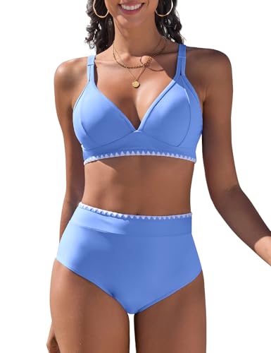 UMIPUBO Bikini Damen Set High Waist Bauchweg Push Up Zweiteiler V-Ausschnitt Bademode Hoher Taille Colour Blocking Mit Muschelkante Badebekleidung(Hellblau,L) von UMIPUBO