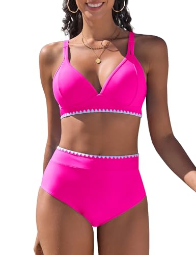 UMIPUBO Bikini Damen Set High Waist Bauchweg Push Up Zweiteiler V-Ausschnitt Bademode Hoher Taille Colour Blocking Mit Muschelkante Badebekleidung(Rosarot,L) von UMIPUBO