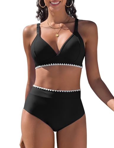 UMIPUBO Bikini Damen Set High Waist Bauchweg Push Up Zweiteiler V-Ausschnitt Bademode Hoher Taille Colour Blocking Mit Muschelkante Badebekleidung(Schwarz,XL) von UMIPUBO