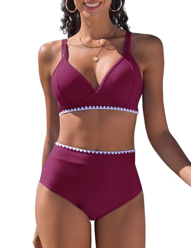 UMIPUBO Bikini Damen Set Push Up Zweiteiler Bauchweg V-Ausschnitt Große Größe Bademode Hoher Taille Colour Blocking Mit Muschelkante Badebekleidung(Violett Rot,M) von UMIPUBO