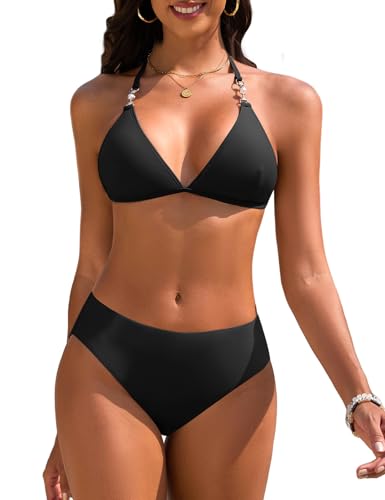 UMIPUBO Bikini Damen Set Sexy Triangel Neckholder Zweiteiler Bademode Bikinioberteil Tanga Bikinihose Badebekleidung Verstellbare Badeanzug Mit Perlen(Schwarz,XL) von UMIPUBO