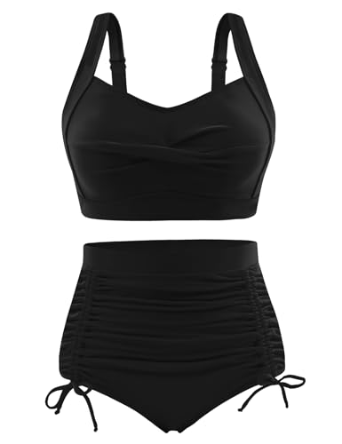 UMIPUBO Bikini Damen Set Zweiteiler High Waist U-Ausschnitt Push Up Große Größen Bikini Kordelzug Seite Oberteil Große Brüste Badeanzug Bauchweg Swimsuit(Schwarz,XXL) von UMIPUBO