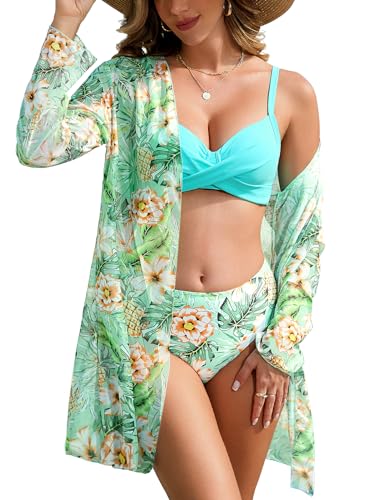 UMIPUBO Bikini Damen Set mit Kimono Sexy Push Up Bademode Bedrucktes Bikini Oberteil Große Brüste Strandmode Badeanzug Cover Up(Blau,M) von UMIPUBO