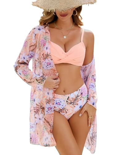 UMIPUBO Bikini Damen Set mit Kimono Sexy Push Up Bademode Bedrucktes Bikini Oberteil Große Brüste Strandmode Badeanzug Cover Up(Rosa,L) von UMIPUBO