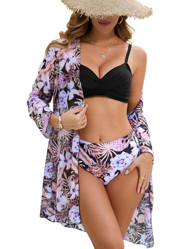 UMIPUBO Bikini Damen Set mit Kimono Sexy Push Up Bademode Bedrucktes Bikini Oberteil Große Brüste Strandmode Badeanzug Cover Up(Schwarz,L) von UMIPUBO