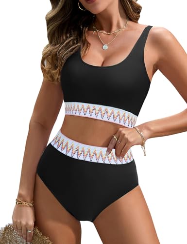 UMIPUBO Bikini Set Damen Bauchweg Push Up Bademode High Waist Bikinis Retro Badeanzug mit Wellenmuster Große Brüste Swimsuit Strandbikini(Schwarz,S) von UMIPUBO