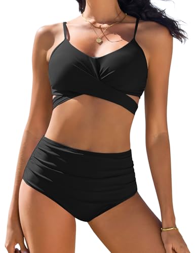 UMIPUBO Bikini Set Damen High Waist Verstellbar Crossover Zurück Ties-up Zweiteiliger Badeanzug Große Brüste Strandbikini(Schwarz,XXL) von UMIPUBO