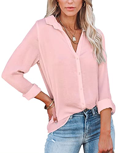 UMIPUBO Bluse Damen Elegant V-Ausschnitt Langarm Casual Shirt Geknöpftes Oberteil Fashion Arbeit Hemden Tops für Frauen (Rosa,L) von UMIPUBO