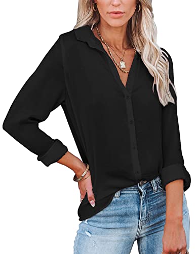 UMIPUBO Bluse Damen Elegant V-Ausschnitt Langarm Casual Shirt Geknöpftes Oberteil Fashion Arbeit Hemden Tops für Frauen (Schwarz,XL) von UMIPUBO