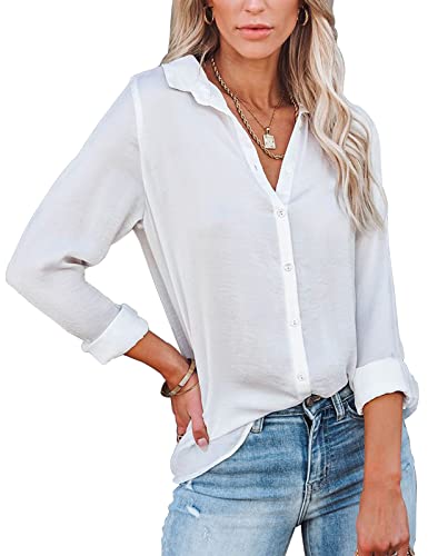 UMIPUBO Bluse Damen Elegant V-Ausschnitt Langarm Casual Shirt Geknöpftes Oberteil Fashion Arbeit Hemden Tops für Frauen (Weiß,L) von UMIPUBO