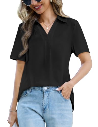 UMIPUBO Musselin Bluse Damen Sommer V-Ausschnitt Polokragen Kurzarm Blusen mit Falten Elegant Tunika Oberteile Casual Lose Hemdbluse Basic Leicht Sommerbluse Business Shirt Tops Arbeit (Schwarz, S) von UMIPUBO