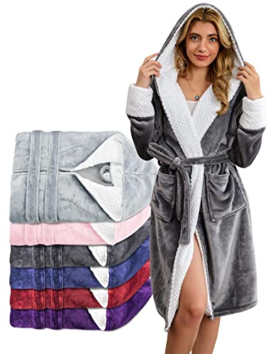 UMIPUBO Damen Bademantel mit Kapuze Flauschig, Coral Fleece Morgenmantel Gürtel mit Tasche, Saunamantel Unisex Einheitsgröße(Grau) von UMIPUBO