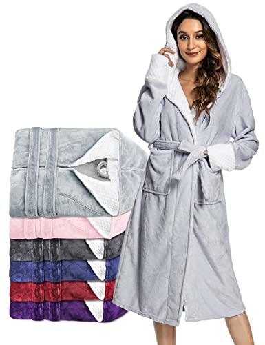 UMIPUBO Damen Bademantel mit Kapuze Flauschig, Coral Fleece Morgenmantel Gürtel mit Tasche, Saunamantel Unisex Einheitsgröße(Hellgrau) von UMIPUBO