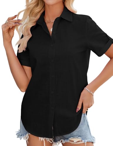 UMIPUBO Musselin Bluse Damen Sommer Kurzarm Blusen Shirt Baumwolle Blusenshirt V-Ausschnitt Hemdbluse Elegant Oberteile Tops Tunika Shirt Sommerblusen Freizeit Tshirt mit Knöpfen (Schwarz, XL) von UMIPUBO