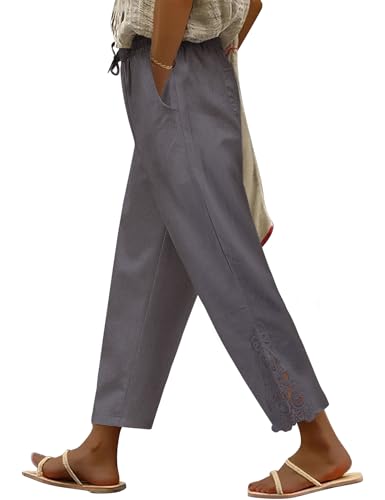 UMIPUBO Damen Hose Sommer 7/8 Lang Leicht Sommerhose mit Tunnelzug und Taschen Baumwolle Stoffhose Leinen Pants Elegant Freizeithose Luftig Hosen Casual Bequeme Einfarbig (Grau, S) von UMIPUBO